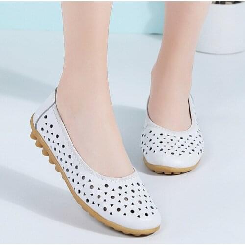 NEW Breathable Genuine Leather Summer Shoes Woman Flat Low Heel Hole Shoes Hollow Out Leather Slip on Soft Shoes for Women