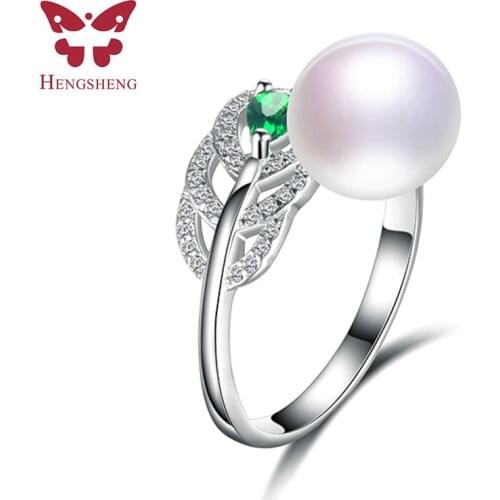 HENGSHENG Green Zircon Pearl Silver Rings For Women,Fine Jewelry Leaf Wedding Ring,White/Black/Pink/Purple/Gold Natural Pearl