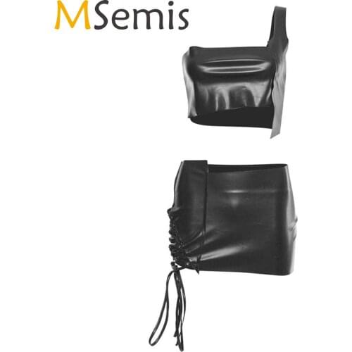 Women Fashion PU Leather Skirt Suit One Shoulder Sleeveless Ladies Sexy Crop Top with Lace-up Miniskirt Exotic Dress Sets