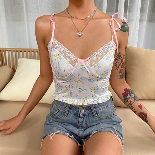 Y2K E-Girl Frill Lace Floral Print Crop Top Women Summer Sleeveless Cute Camis Top Ladies Backless Casual Mini Vest Fashion