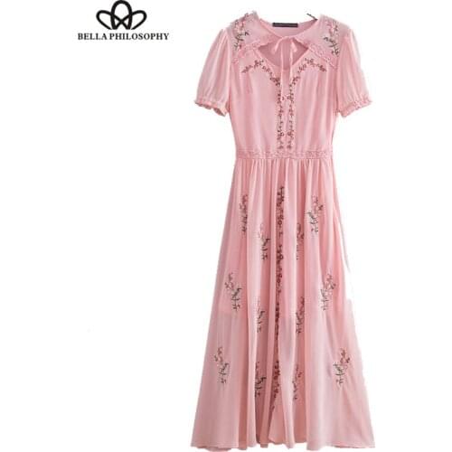 Bella Philosophy 2018 summer holiday casual women dress embroidery short sleeve female vestidos v-neck pink white ladies dress