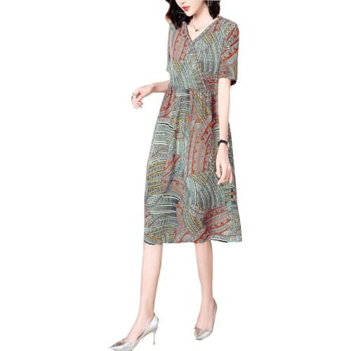 Summer Silk Dress 2021 Casual Short Sleeve V-Neck Printing Dresses Elegant Party Dress Plus Size 5XL Women Clothing FC531