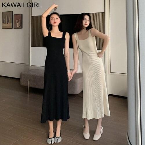 Spring Summer 2020 New Women Knit Tank Midi Dress Korean Style Sleeveless Dress Vintage Thin Loose Casual Ladies Knitted Dresses
