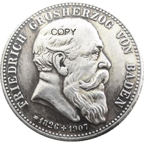 1907 German States BADEN 2 Mark Silver Plated Copy Coin