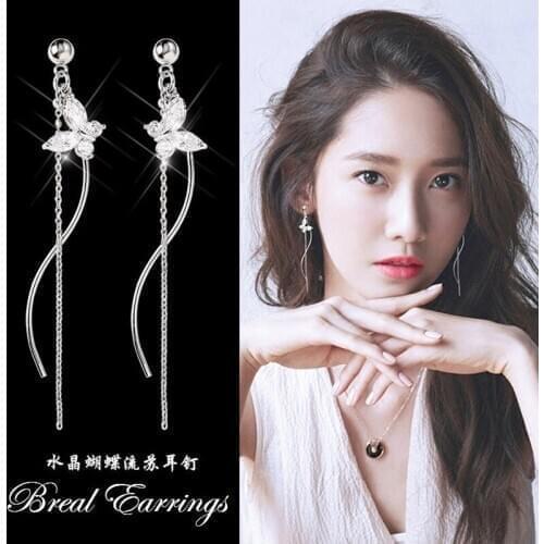 2021 Korean Earrings Temperament Crystal Butterfly Earrings Long Simple S Curved Tassel Earrings Jewelry Wholesale