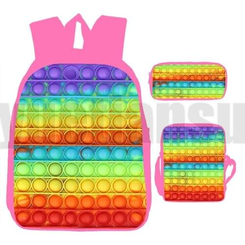 New 3 Pcs/Set Funny Family Game Pink POP It Backpack Anime 3D Rainbow Pop Fidget Teenager Back To School Laptop Computer Bag