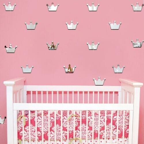 18pcs/lot Kids Room 3D Acrylic Mirror Wall Stickers Girls Princess Crown Shape Sticker Wall Decoration Art Decals