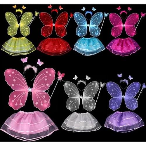 4Pcs Kids Girls Fairy Princess Costume Sets Colorful Stage Wear Butterfly Wings Wand Headband Tutu Skirt #8