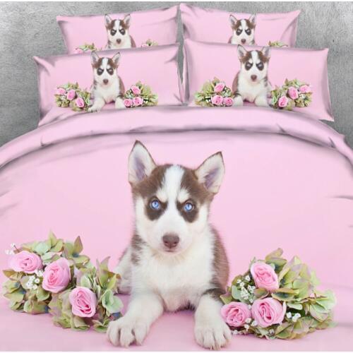 4 PCS PER SET Sweet Blue eyed Husky dog and Roses many lovely Dog print for girl bed sheet and boy bed sheet children Bed sets