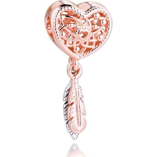 Openwork Heart & Two Feathers Dreamcatcher Charm 925 Sterling Silver Beads Fits Pandora Bracelet Women Jewelry Making kralen diy