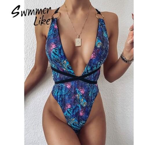Deep V-neck bodysuit Sexy thong monokini String one piece swimsuit female Cross strap swimwear women snakeskin bathing suit new