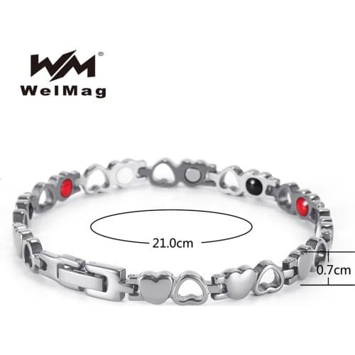 WelMag Fashion High Quality Stainless Steel Healthy Energy Bracelet Heart Design 4 Elements Magnetic Therapy Womens Jewelry