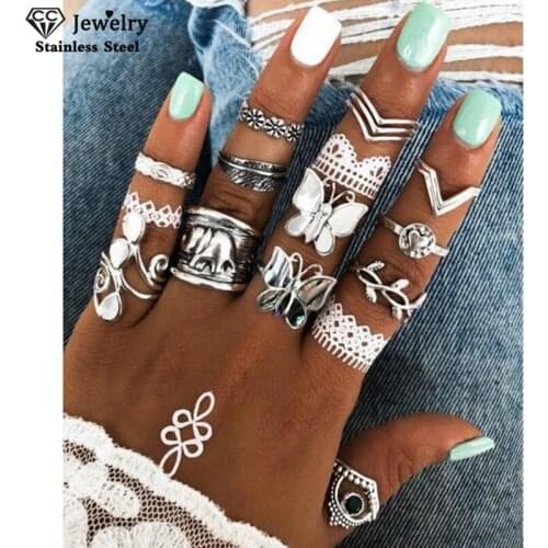 CC Rings set 12pcs Bohemian Retro Metal Finger Rings Wedding Jewelry Butterfly Shape Party Bijoux Crystal Fashion Gift DIY YH723