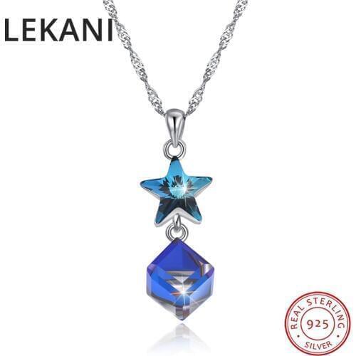 LEKANI Crystals From SWAROVSKI Blue Star Cube Pendants Necklaces Fashion Real S925 Silver Chain Collares For Women Party Wedding