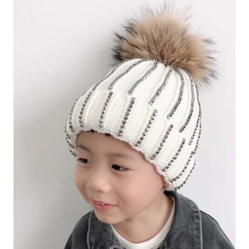 Fleece Liner Warm Hat Kids Winter Cap Children Striped Knitted Rhinestone Beanies Real Fur Pompom Hat For Baby
