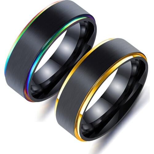 FDLK New Classic 8mm Rainbow Colorful Stainless Steel Ring Black Brushed Wedding Band Mens Ring for Party Wedding Jewelry Gift