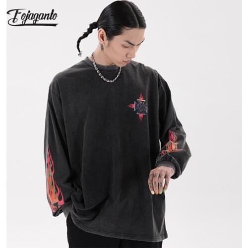 FOJAGANTO Autumn Mens Fashion Sweatshirts Hip Hop Street Washed Letter Print Pullover Loose Trendy Brand Sweatshirts Male
