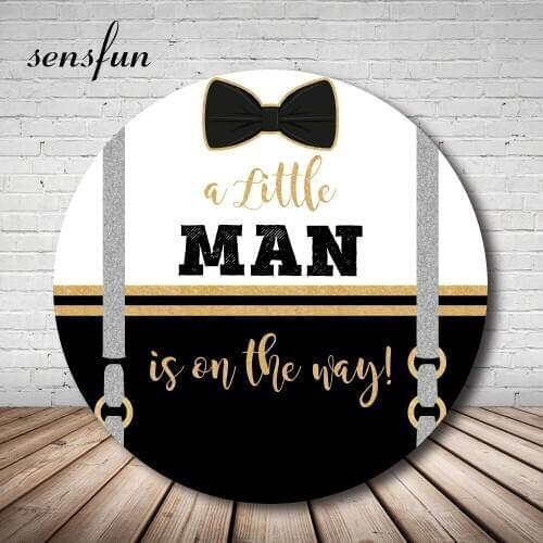 A Little Man Is On The Way Round Backdrop Black White Gold Glitter Boys Baby Shower Circle Photography Background Plinth Covers