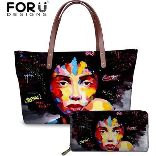 FORUDESIGNS Purse&Handbags Women Black Art African Girls Printing Top-Handle Bags Ladies 2pcs/set Hand Tote Bag Feminine Bolsa
