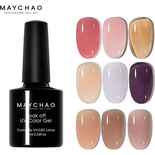 MAYCHAO 7.3ml 2pcs Jelly Gel Nail Polish Kit Transparent Pudding Gel Semi Permanent Top Coat Soak Off UV Gel Art Nail Varnish