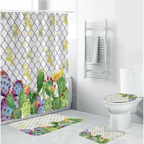 Cactus Bathroom Waterproof Shower Curtain Setting Base Carpet Cover Carpet Toilet Lid Setting Shower Curtain Mat Setting