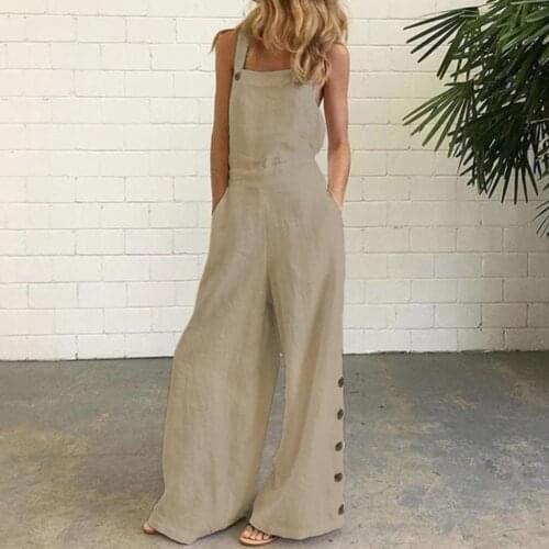 Summer Women Solid Jumpsuits Fashion Sleeveless Backless Strap Bodysuit Elegant Casual Button Pockets Cotton and Linen Playsuits