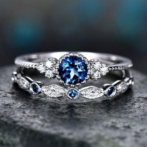 USTAR Purple Cubic Zirconia Rings set for women fashion jewelry silver color Engagement rings Female Anel accessories 2pcs/set