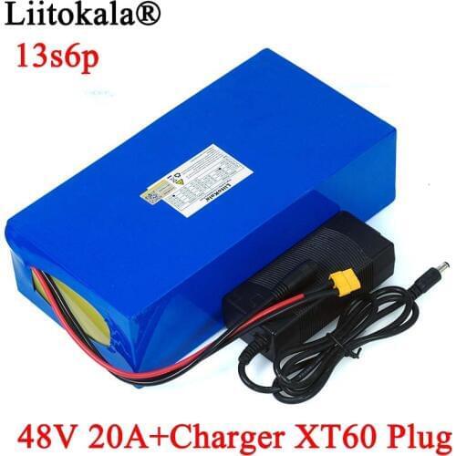 LiitoKala 48V 20ah 13s6p Lithium Battery Pack 48V 20AH 2000W electric bicycle battery Built in 50A BMS XT60 plug+54.6V Charger