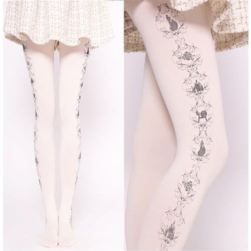 Sweet Womens Patterned Tights Harajuku Castle & Rose Printed Lolita Pantyhose White/Black