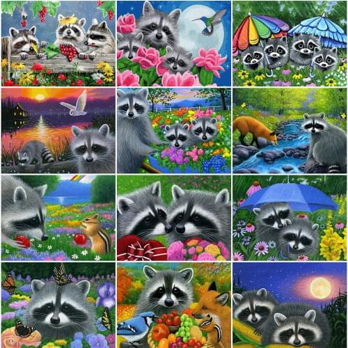 MomoArt 5D DIY Diamond Painting Raccoon Art Kits Diamond Embroidery Animal Full Square Mosaic Cartoon Cross Stitch Wall Decor