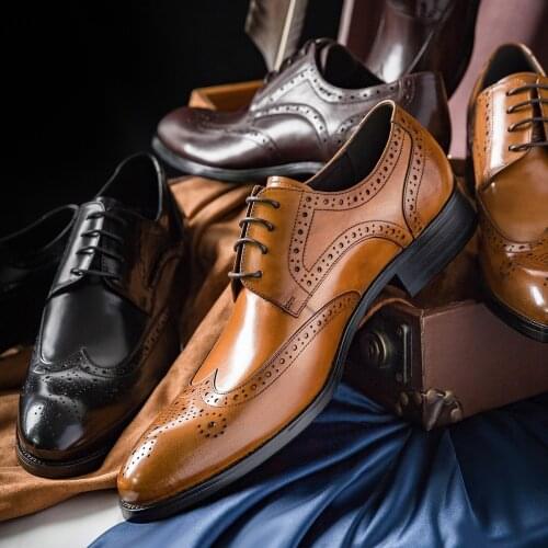 New Spring/Autumn Handmade Lace-Up Carved Genuine Leather Dress Oxford Flat Men Business Office Wedding Shoes