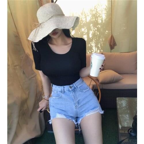 New Cotton T Shirt White Casual Tee Shirt Femme Female Slim High Quality Plain Sexy Tops Fashion Clothes Thin Top 5 Colors