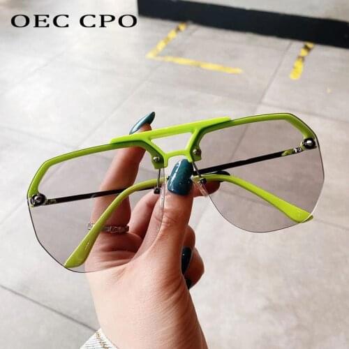 OEC CPO Fashion Rimless Sunglasses Women 2021 Oversized Green Gray Sun Glasses Ladies Brand Eyeglasses Vintage Big Shades UV400