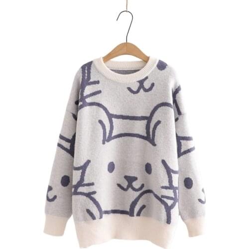 Autumn Korean Womens Pullover O-Neck Loose Knit Sweater Femme Jacquard Sweet Sweaters Girl Knit Pullover 2010322