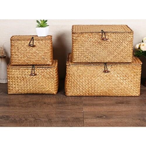 Seaweed Storage Box Hand-woven Storage Basket with Lid Sundries Cosmetic Container Rectangular Closet Organizer Laundry Basket