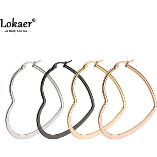 Lokaer Stainless Stee Heart Shape Hoop Earrings Trendy Black/Rose Gold Color Party Earrings Jewelry For Women Girls E18380