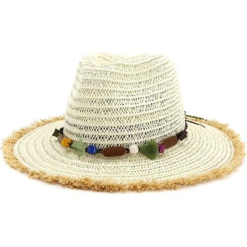 QBHAT Summer Flat Furry Brim Paper Straw Jazz Hat Cap Women Men Beach Cowboy Hats Breathable Sunhat Unisex Sunshade Hat