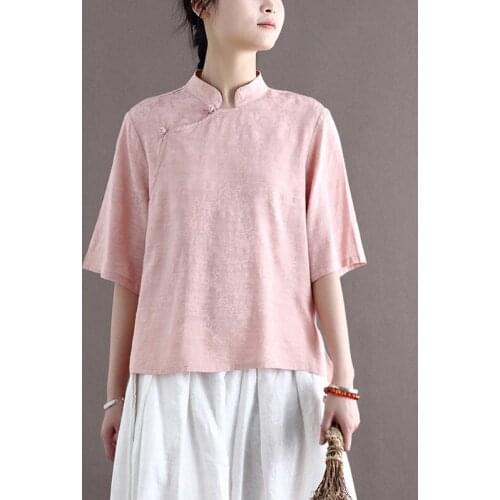 QPFJQD Ladies Summer Autumn Silk Linen Jacquard Blouse Tops Retro Women Shirts 2021 Stand Collar Chinese Style