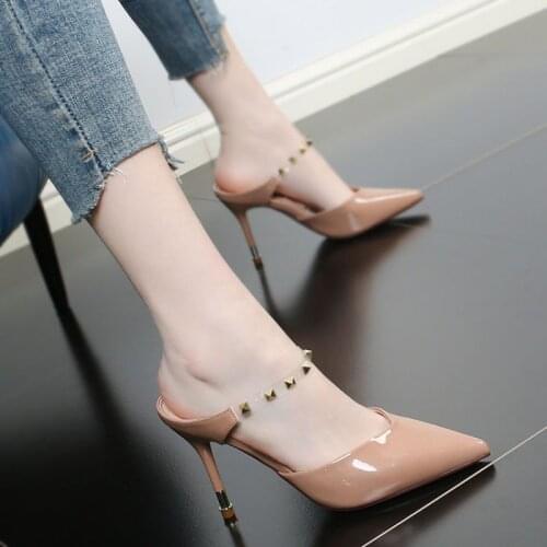 High-heeled Sandals and Slippers Womens Outer Wear Sexy Rivets Baotou Flip Flops Summer New Stiletto Pointed High Heels Trend