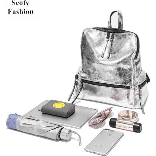 SCOFY Silver School Backpack For Girls PU Leather Daypack Rucksack Leisure Bright Travel Backpack For Women Mochila Brilhante