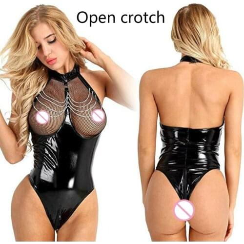 Sexy Crotchless Latex Catsuit Fishnet Clothing Open Crotch Jumpsuit Patent Leather Breast Exposing Bodysuit Lingerie