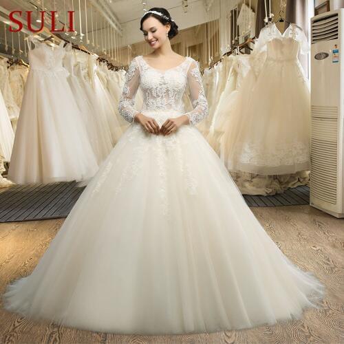 SL-3001 Elegant Long Sleeve Tulle Lace Appliques Beaded Wedding Dress