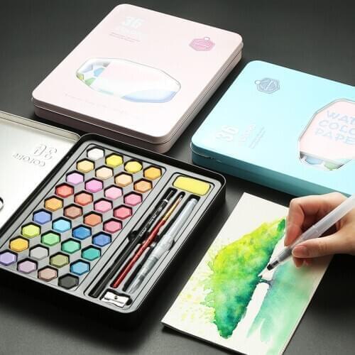 36 Colors High Quality Solid Watercolor Paint With Wooden Pole Brush Pen Set Water Brush Gouache Pigments School Art Stationery