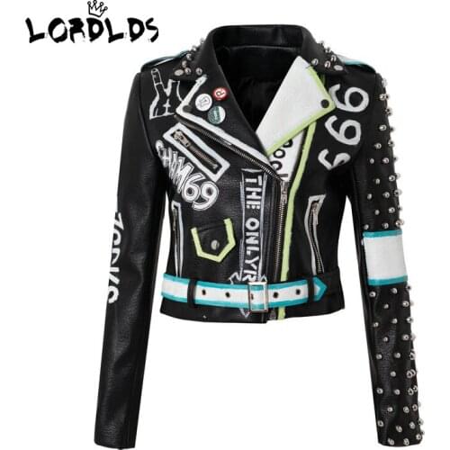 LORDLDS Women Black Leather Biker Jacket Studded Short Crop Moto Coats Color Fashion Outwear For Club