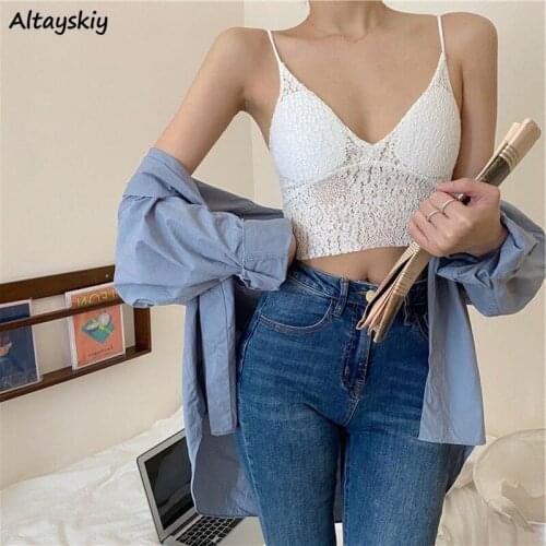 Camisole Women Lace Hollow Out Sexy All-match Simple Black White Sweet Inside Spaghetti Strap Crop Top Elasticity Slim Popular