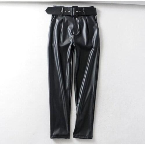2021 New Faux Leather Pants high waist belted causal pu leather jeggings black pu trousers Simplicity Solid color