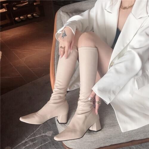 2020 New INS Women Beige Block High Heels Knee High Boots Soft Leather Elastic Sock Boots Winter Designer Thigh High Boots Shoes