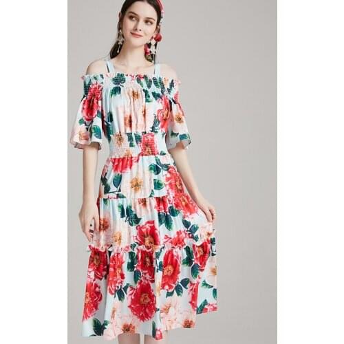 2021 New Summer Women Sexy Slash neck Off Shoulder Strap Dress High Quality Sweet Flowers Print Elastic Slim Vacation Dress