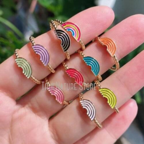 5Pcs RM40032 Copper Jewelry Adjustable Gold Plated Ring Jewelry Colors Gold Plated Rainbows Enamel Ring