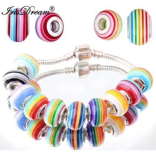 50PCS 14MM Round Striped Rainbow Color Plastic Resin Murano Spacer Beads Charms Fit For Pandora Bracelets For DIY Jewelry Making